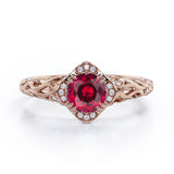 Modern Art Deco 1.10 Carat Round Cut  Lab Ruby And Diamond Cushion Framed Halo Engagement Ring In White Gold