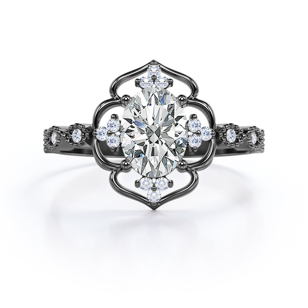 Contorted Vintage Flower 0.7 carat Oval Moissanite and Diamond Anniversary Ring in Rose Gold