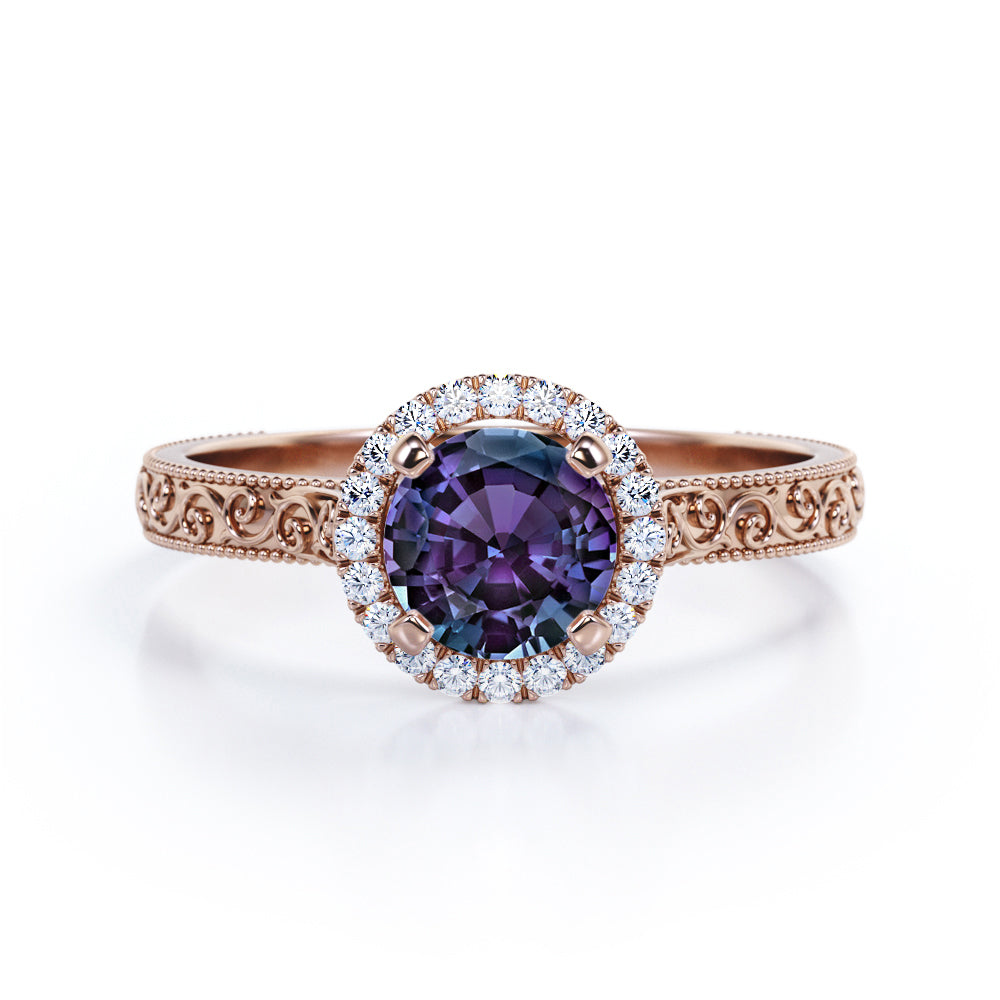 Art Deco 1.25 Carat Round Cut Lab Created Alexandrite And Diamond Halo Engagement Ring In White Gold