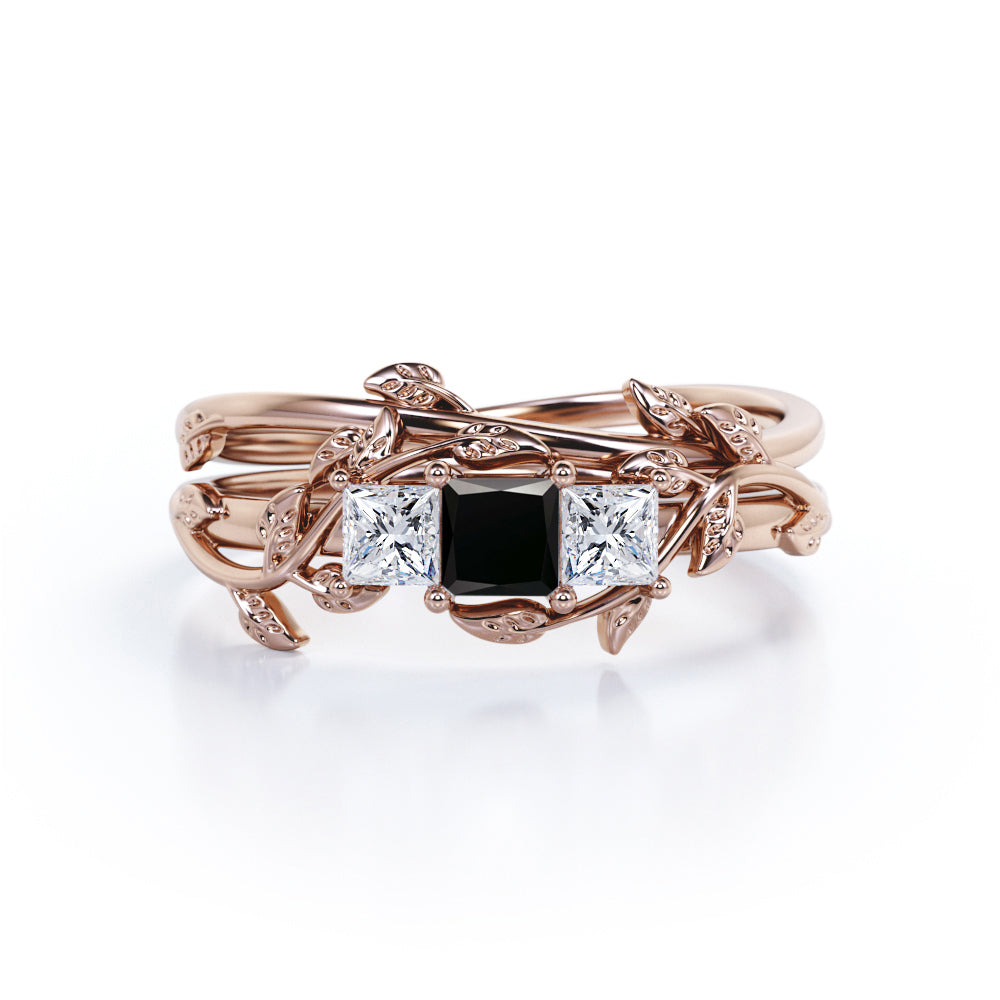 1.25 carat princess cut  Black Diamond three stone vine leaf wedding ring set in white gold