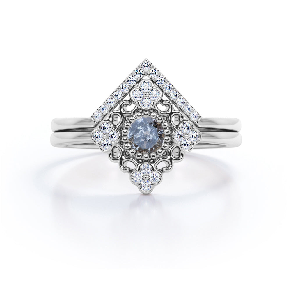 Antique Floral Bezel 1 Carat Round Cut Fancy Dark Grey Salt and Pepper Diamond and Contour Pave Band Bridal Set Rings