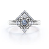 Antique Floral Bezel 1 Carat Round Cut Fancy Dark Grey Salt and Pepper Diamond and Contour Pave Band Bridal Set Rings