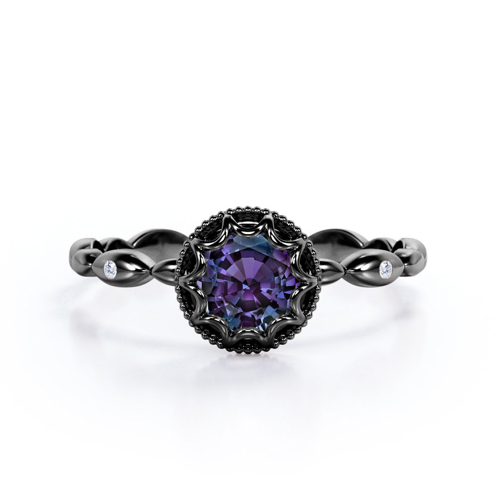 Beaded Halo 1.05 Carat Round Cut Lab Created  Alexandrite And Diamond Trilogy Engagement Ring In White Gold.