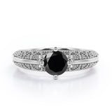 Beaded Four Prong 1 Carat Round Cut Black Diamond Solitaire Vintage Engagement Ring In White Gold