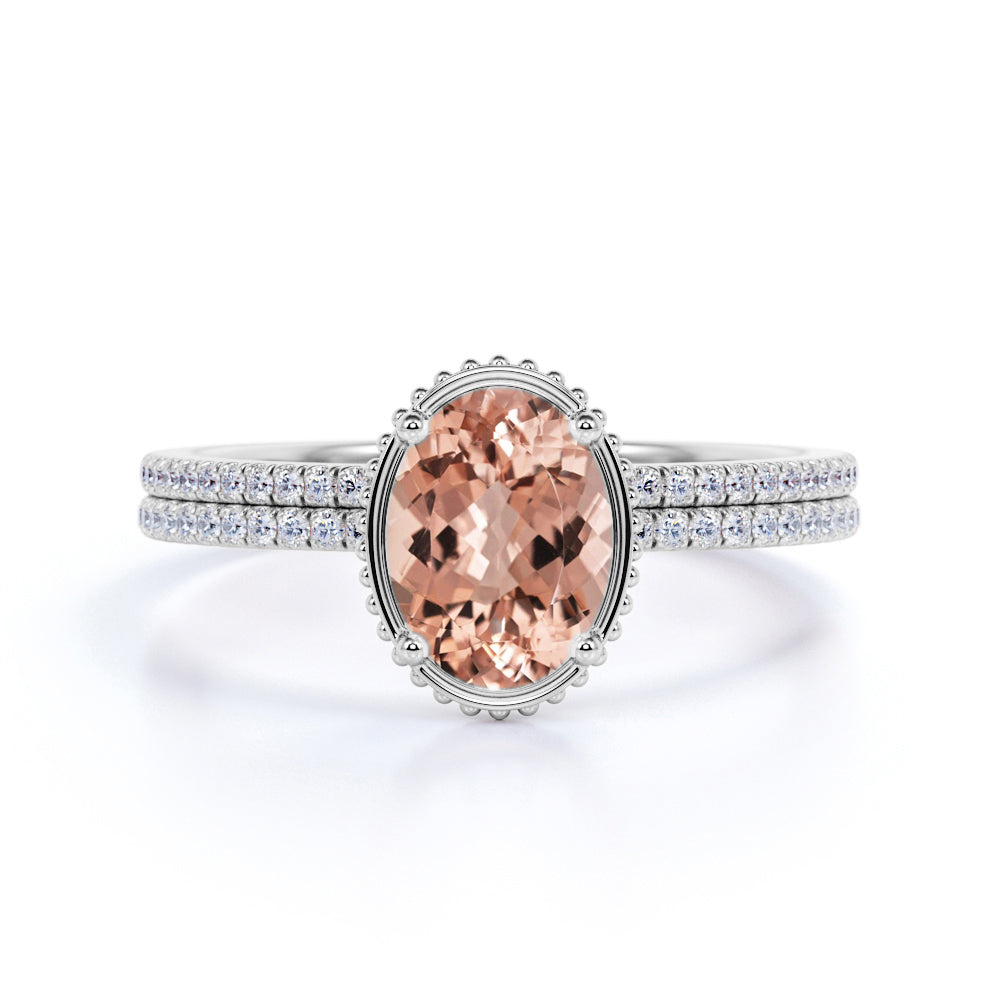 Four Prong 1.50 Carat Oval Cut Morganite and Diamond Wedding Set in Rose Gold