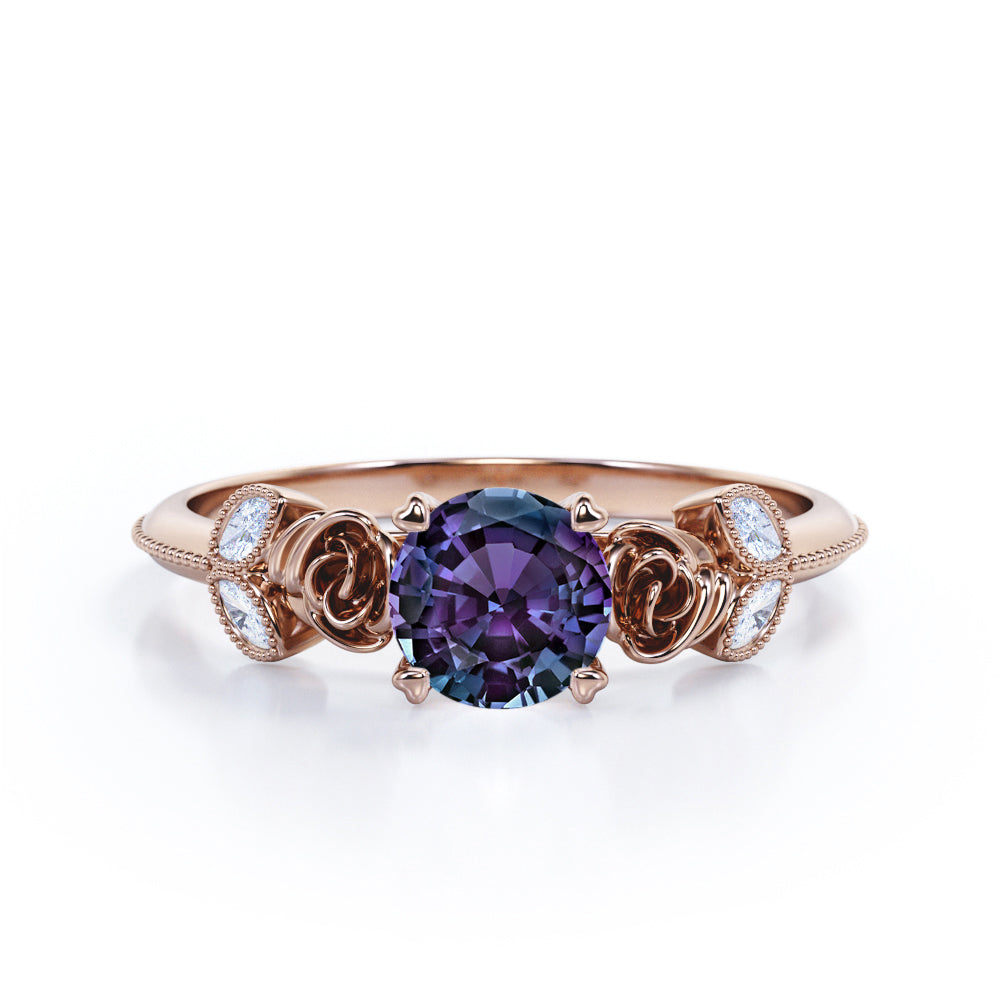 Floral Pattern 1.25 Carat Round Cut Lab Created Alexandrite And Diamond Modern Art Deco Engagement Ring In White Gold For Women