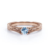 Dainty Solitaire 0.5 Carat Round Cut Real Aqua Sky Blue Aquamarine Filigree Engagement Ring