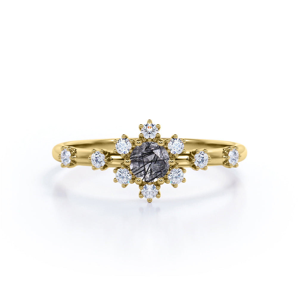 Minimalist Snowflake Cluster 0.75 Carat Round Cut Solid Tourmaline Black Rutilated Quartz and Diamond Engagement Ring - Promise Ring