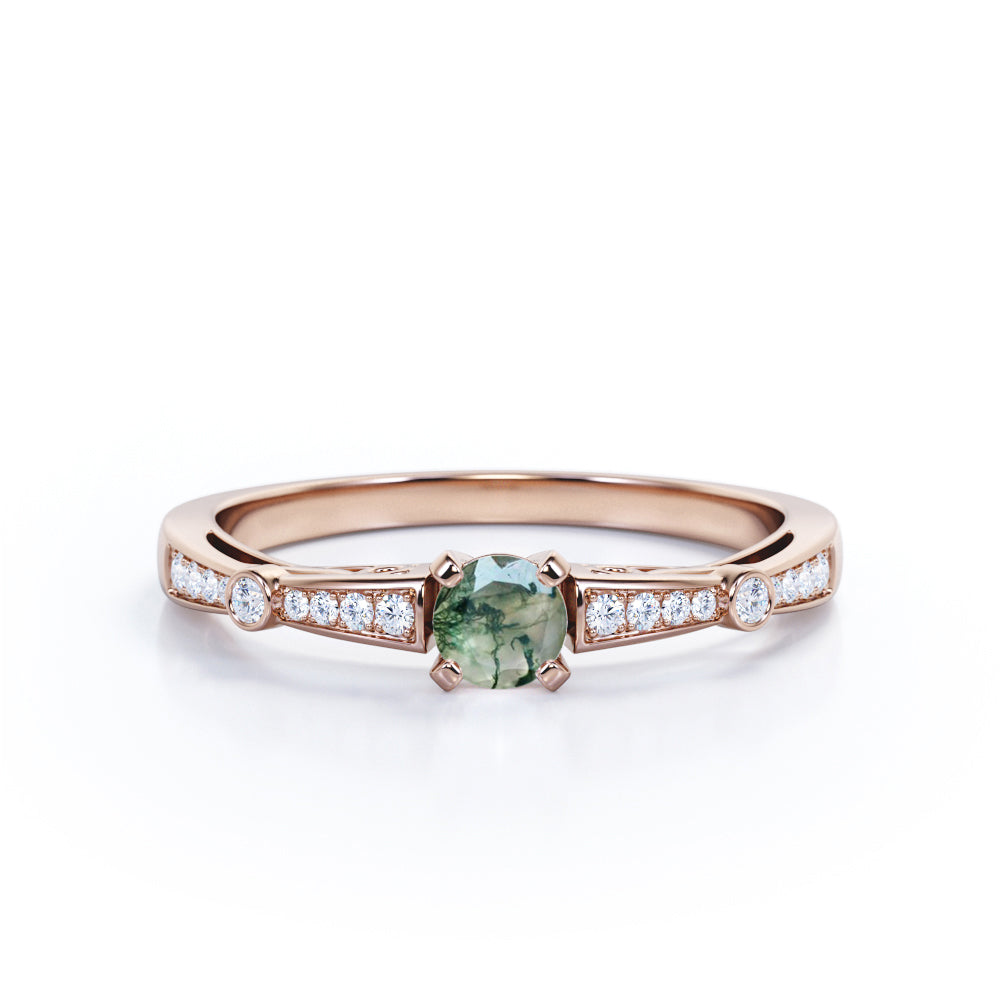 Baguette Shape Band with 0.7 carat Round Dendritic Moss Agate Engagement Ring in White Gold