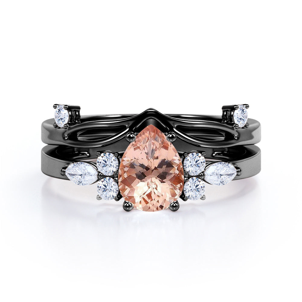 7 Stones 1 carat Pear Morganite and Moissanite Bridal Set Ring in White Gold