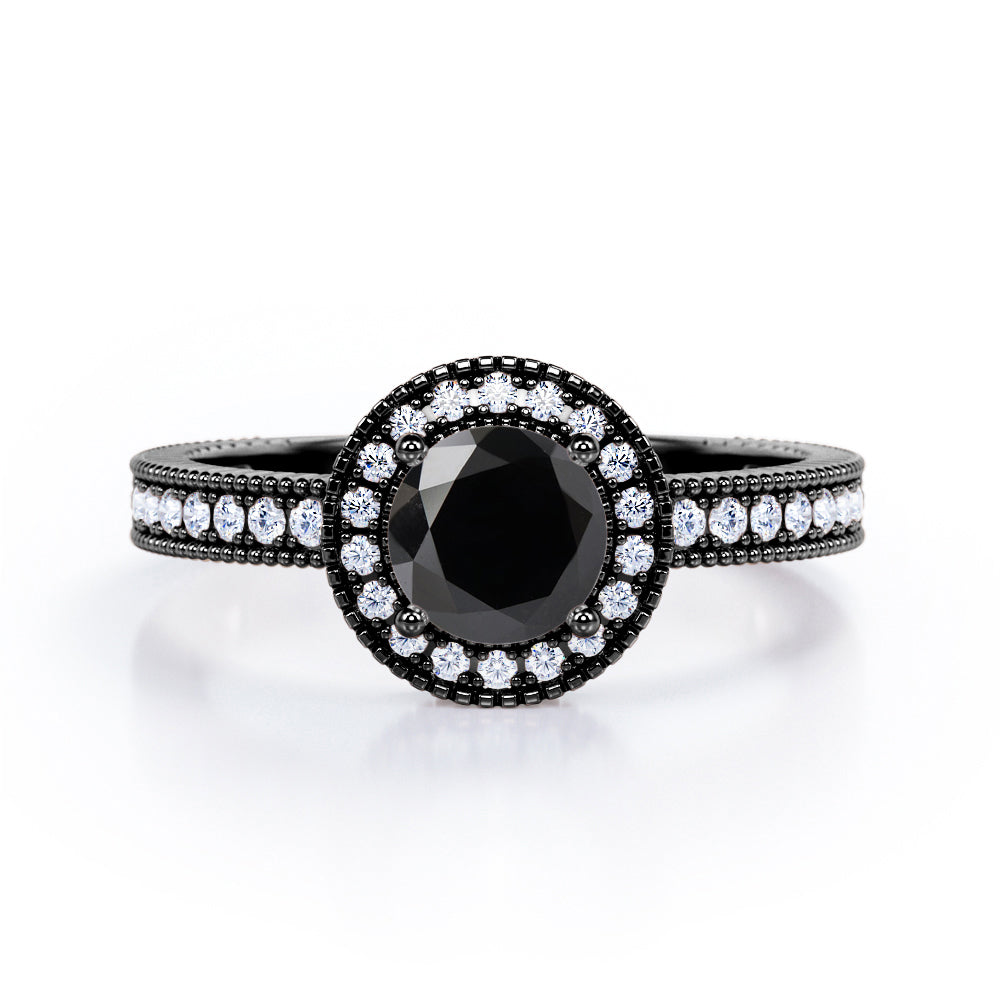 Decorative Halo 1 carat Round Black Diamond Milgrain Engagement Ring in White Gold