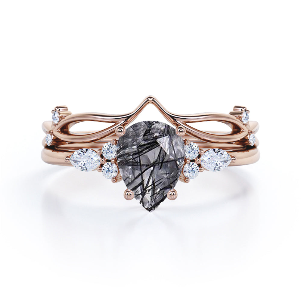 Seven Stone 1.40 Carat Tear Drop Druzy Black Rutilated Quartz And Diamond V Shaped 4 Prong Bridal Set In White Gold