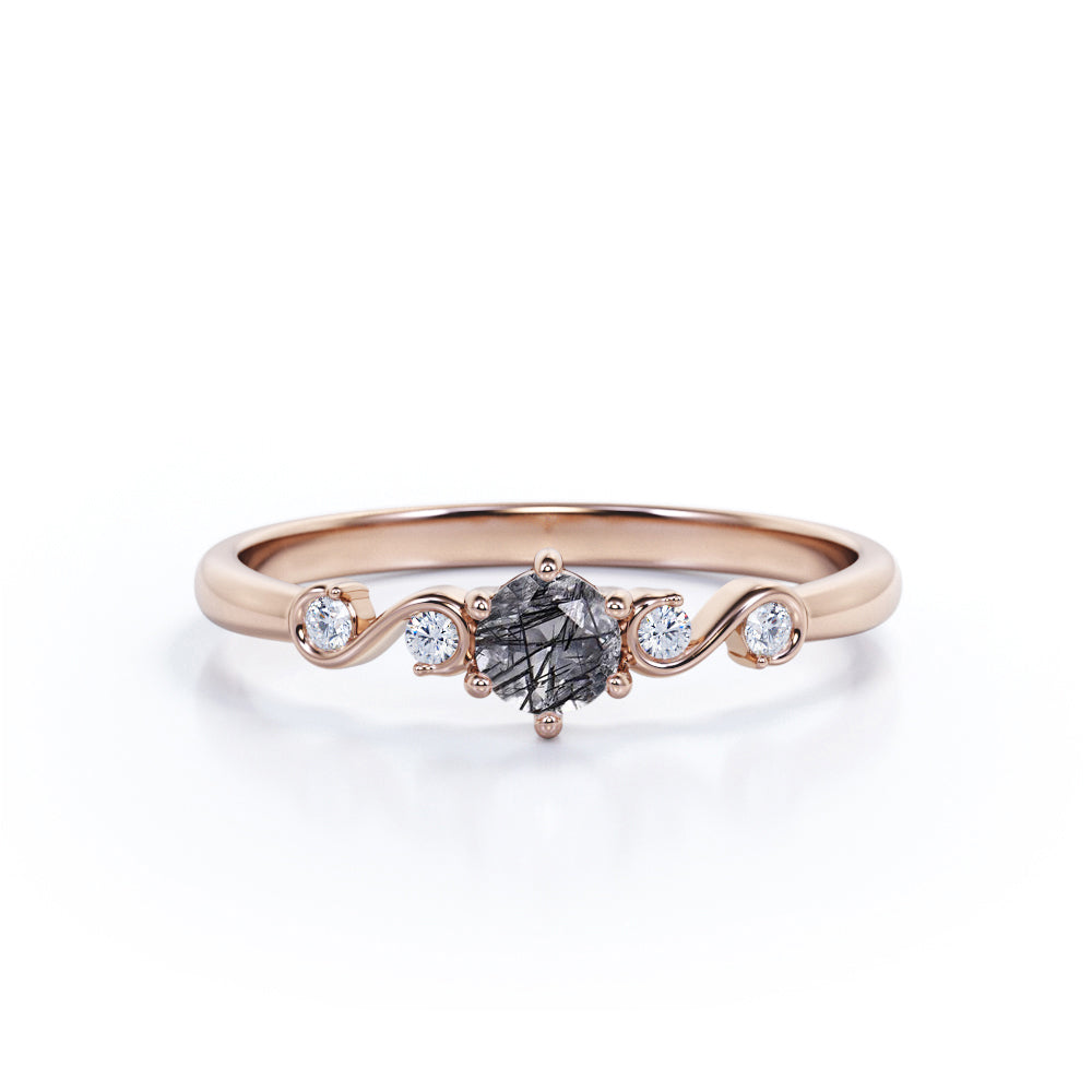 Dainty 6 Prong 0.60 Carat Round Cut Black Hair Dendritic Rutilated Quartz and Diamond Twist Engagement Ring
