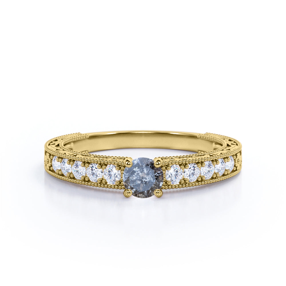 0.40 Ct Round Cut Salt and Pepper Diamond Floral Engagement Ring