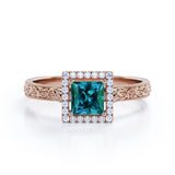 Vintage Milgrain 1.25 Carat Princess Cut Lab Created  Alexandrite And Diamond Art Deco Engagement Ring In White Gold