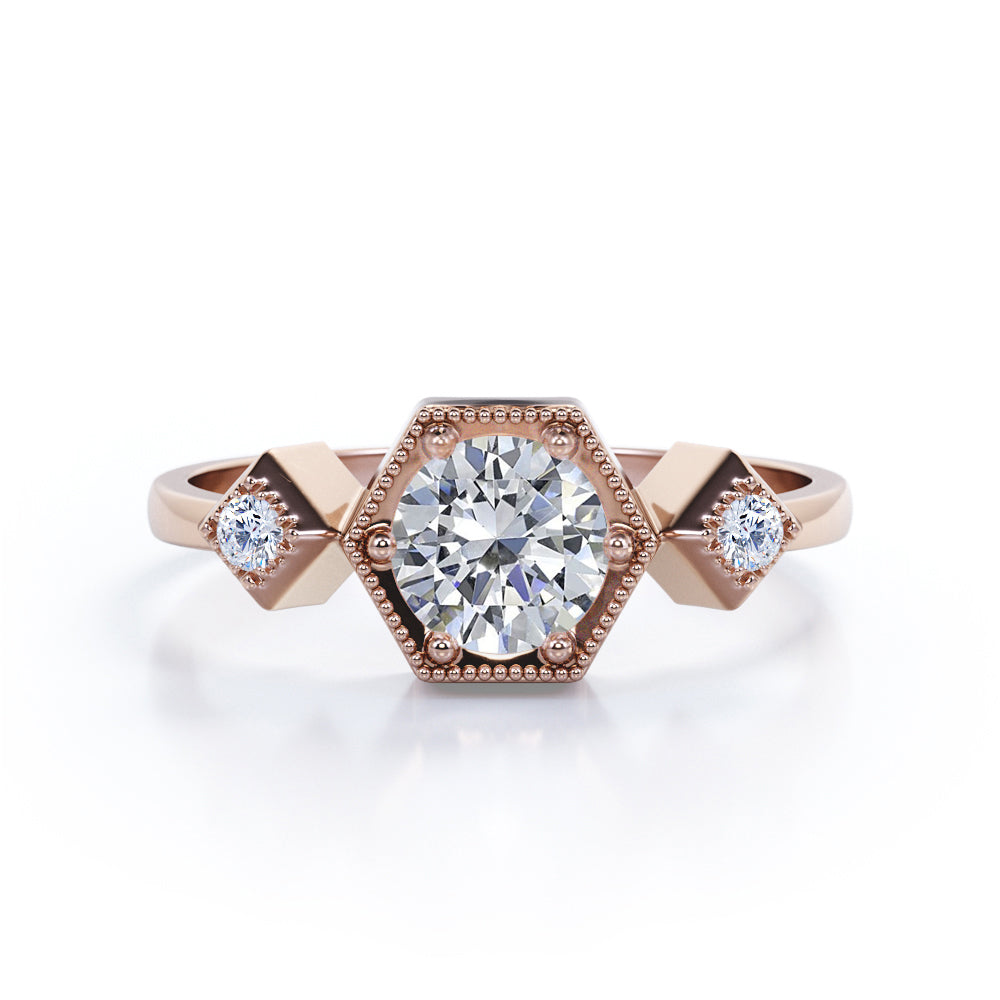 Modern Hexagon Based 0.55 carat Round Moissanite and Diamond Engagement Ring in White Gold