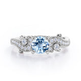 Four Prong 1.35 Carat Round Cut Aquamarine and Diamond Vintage Milgrain Engagement Ring In White Gold