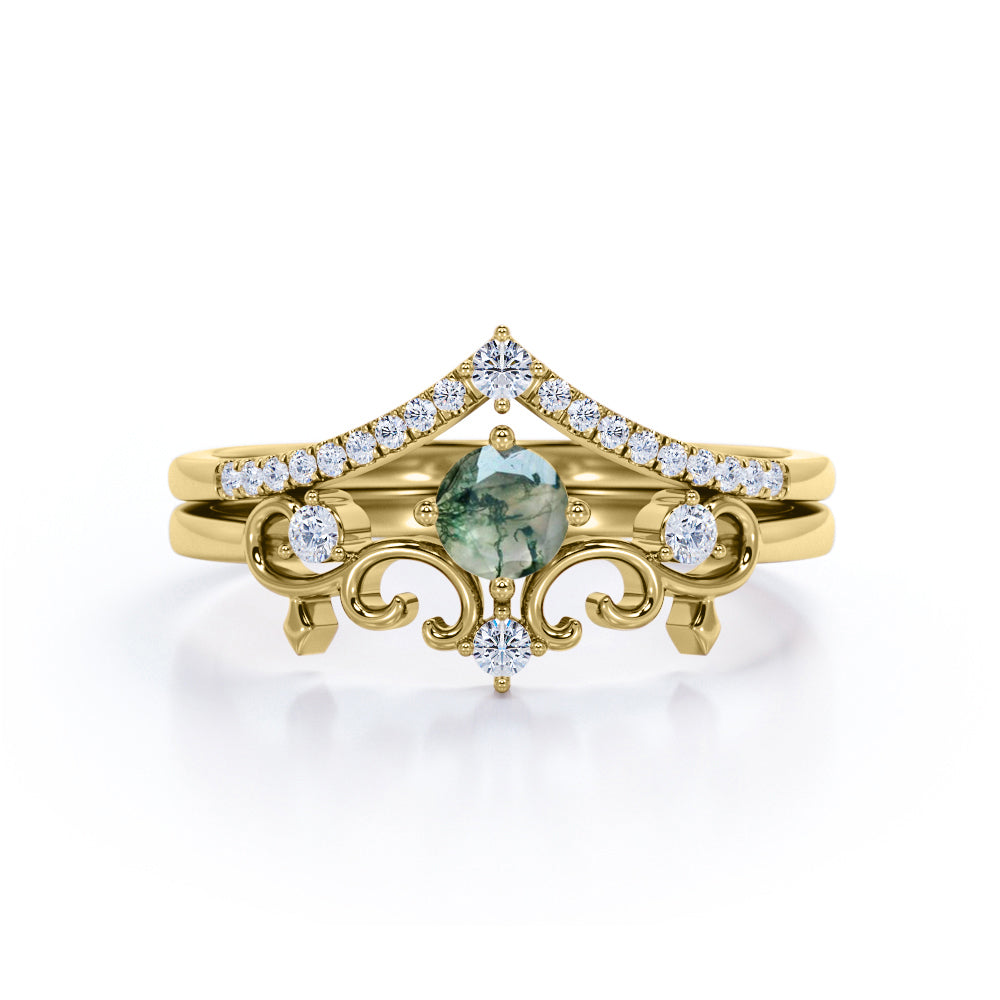 Decorative Nestled Ring 0.7 carat Round Moss Agate and Moissanite Bridal Ring Set in White Gold