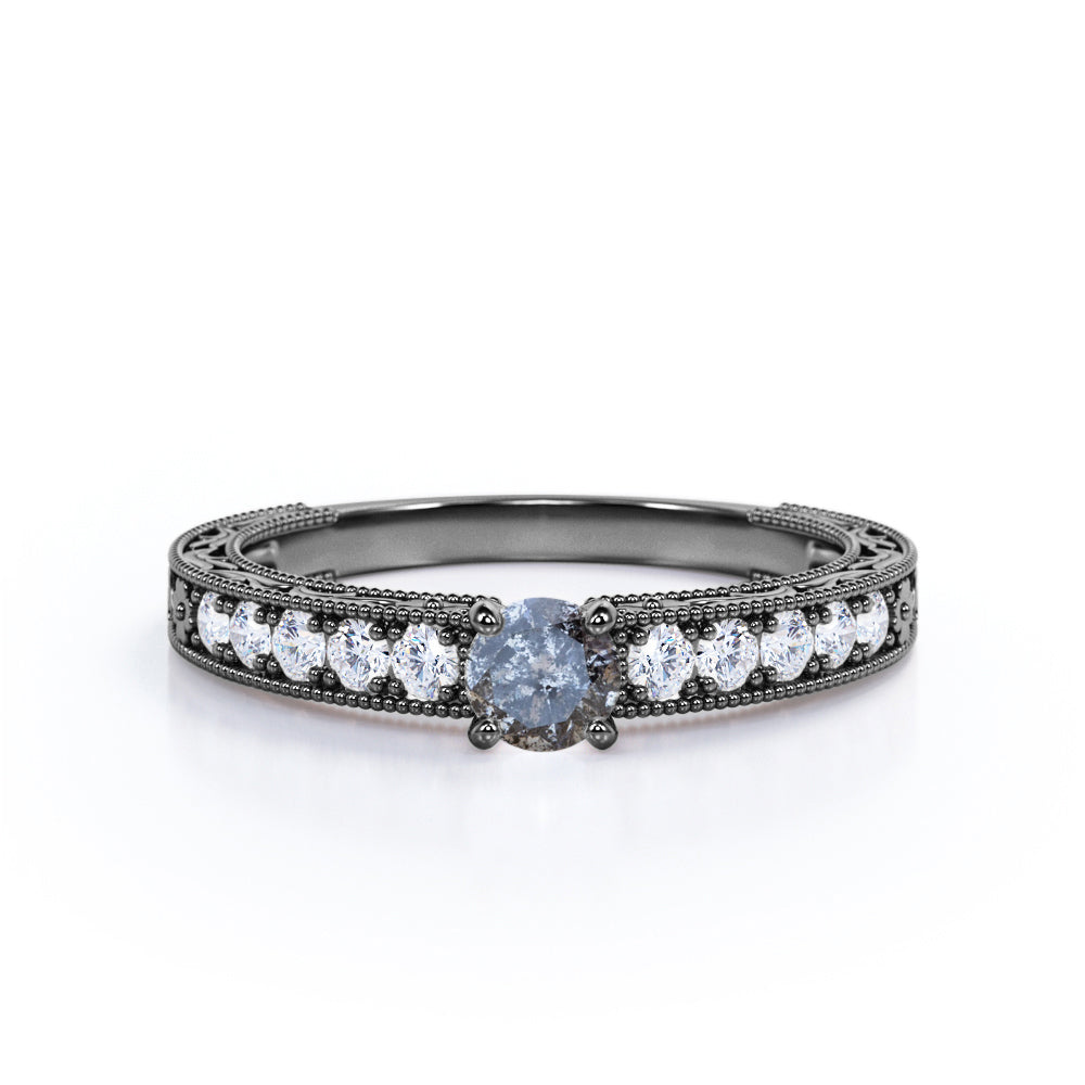 0.40 Ct Round Cut Salt and Pepper Diamond Floral Engagement Ring