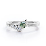 Curved Band - Six Prongs 0.5 carat Round Green Moss Agate and Moissanite Artistic Engagement Ring in Rose Gold