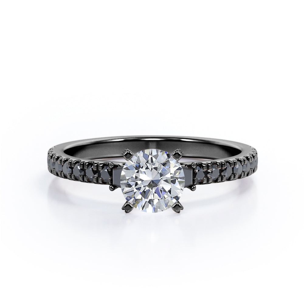 Milgrain Prong Cathedral - 1.3 TCW Round Brilliant Cut Moissanite with Lab Created Black Diamond - Pave Engagement Ring in Yellow Gold