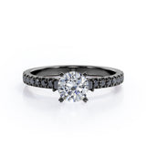 Milgrain Prong Cathedral - 1.3 TCW Round Brilliant Cut Moissanite with Lab Created Black Diamond - Pave Engagement Ring in Yellow Gold