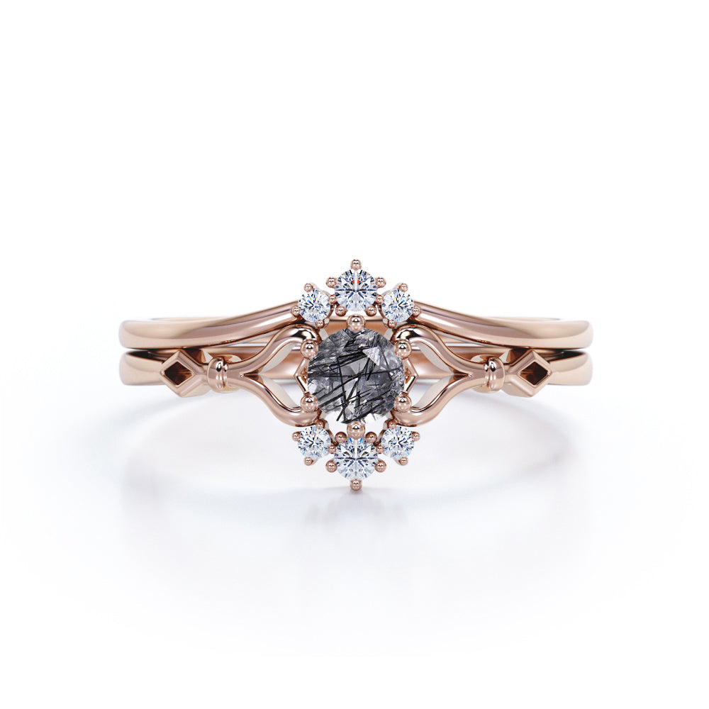 Modern Art Nouveau 0.60 Carat Round Druzy Black Rutilated Quartz and Diamond Solitaire Wedding Set Rings