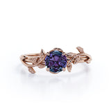Vintage Filigree Leaf Design 1 Carat Round Cut Created Alexandrite Solitaire Engagement Ring in Rose Gold for Her