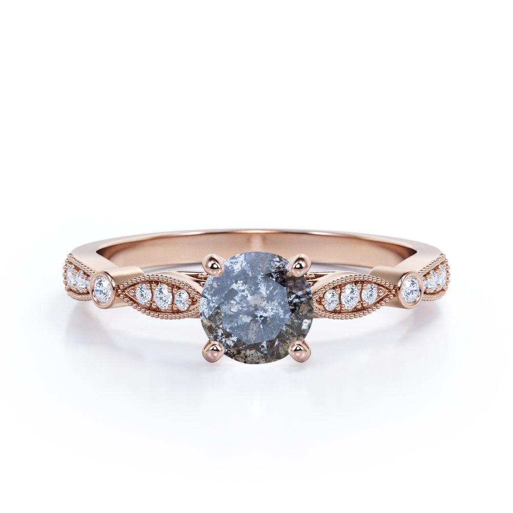 0.50 Carat Round Salt and Pepper Diamond Art Deco Engagement Ring
