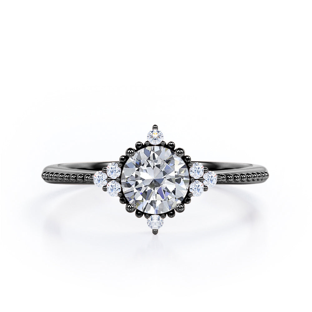 Antique Milgrain Line 0.5 carat Round Moissanite and Diamond Engagement Ring in Rose Gold