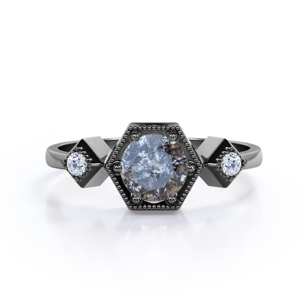 Hexagon Milgrain 0.65 Carat Round Cut Icy Salt And Pepper Diamond Three Stone Engagement Ring In White Gold