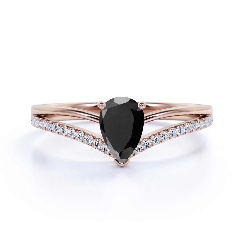 Contoured 1.50 Carat Teardrop Lab Lab Black Diamond and Split Shank Engagement Ring in White Gold