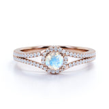 Split Shank 1.50 Carat Round Blue Fire Moonstone and Diamond Fishtail Engagement Ring in White Gold