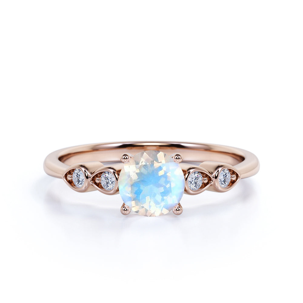 1.10 Carat Round Cut Moonstone Boho Ring in White Gold - Rainbow Moonstone Engagement Ring