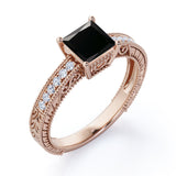 1.25 carat princess cut Black Diamond vintage milgrain engagement ring in white gold