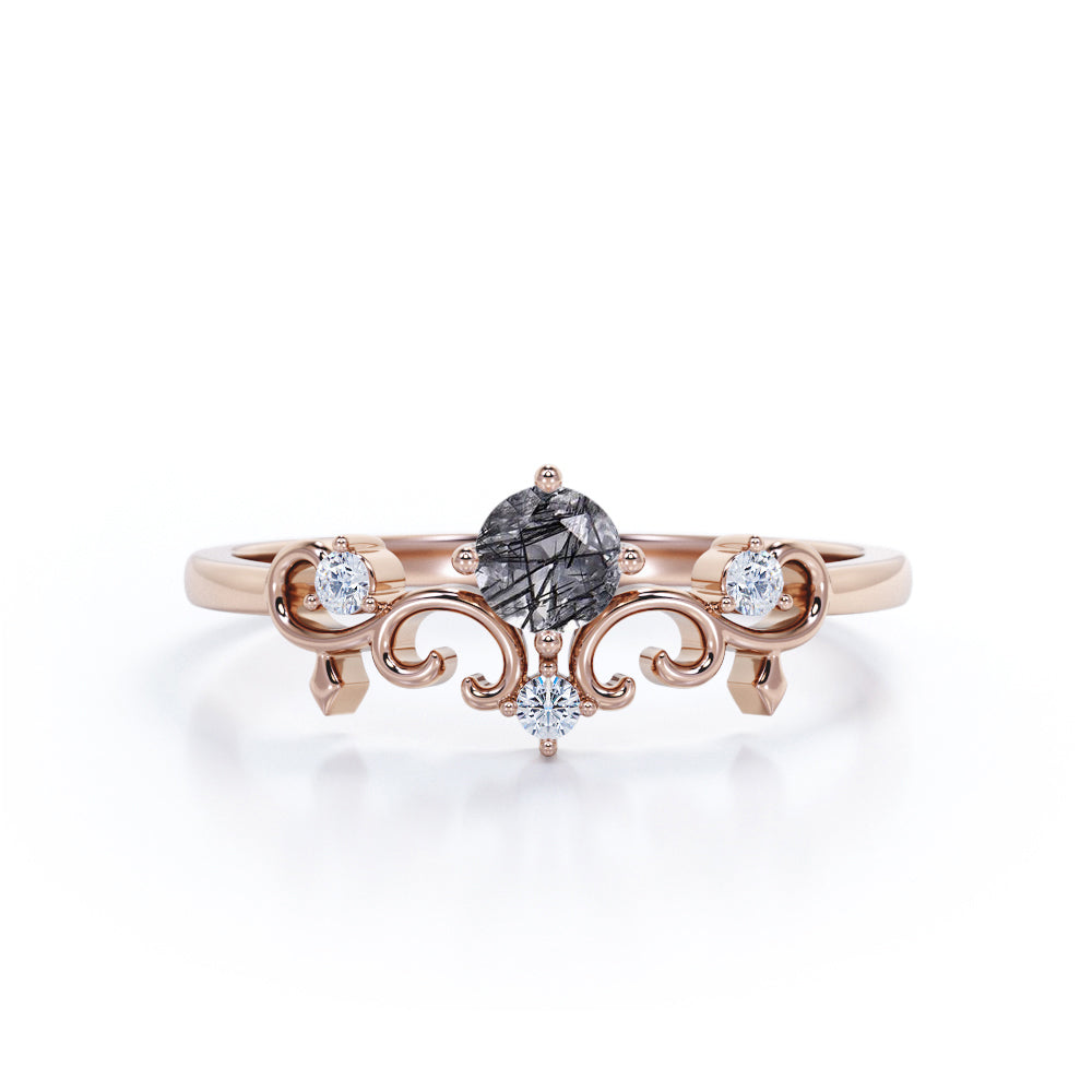 Solitaire Filigree 0.53 Carat Round Cut Smokey Black Rutilated Quartz and Diamond Art Deco Engagement Ring for Women