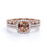 Halo 2 ct Cushion Morganite Vintage Trio Wedding Ring Set