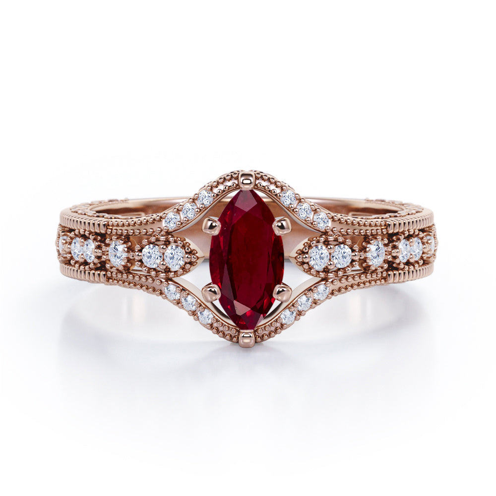 Beaded Framed 1.25 Carat Marquise Cut Lab Ruby And Diamond Vintage Filigree Engagement Ring In White Gold