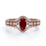 Beaded Framed 1.25 Carat Marquise Cut Lab Ruby And Diamond Vintage Filigree Engagement Ring In White Gold