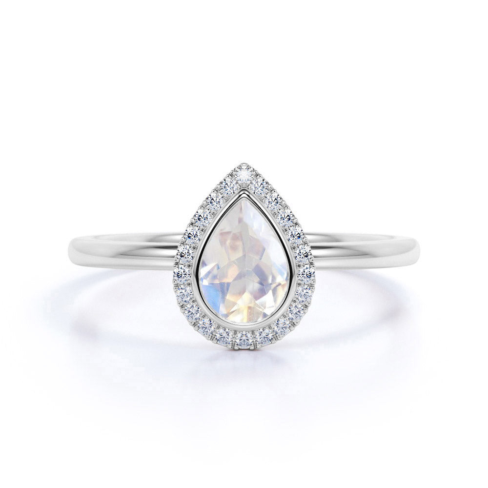 Classic 1.25 Carat Pear Shape Rainbow Moonstone and Diamond Halo Engagement Ring in Rose Gold