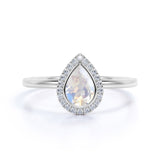 Classic 1.25 Carat Pear Shape Rainbow Moonstone and Diamond Halo Engagement Ring in Rose Gold