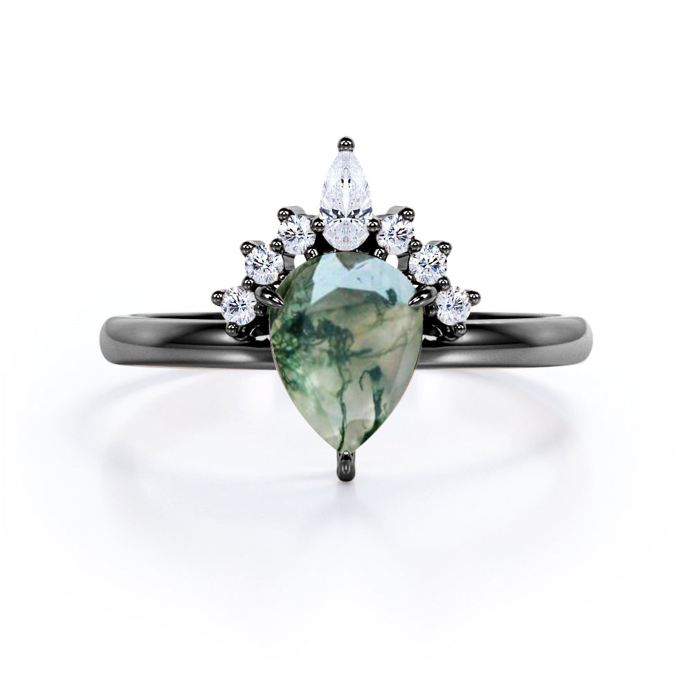 0.6 Carat Pear Moss Agate Crown Engagement Ring