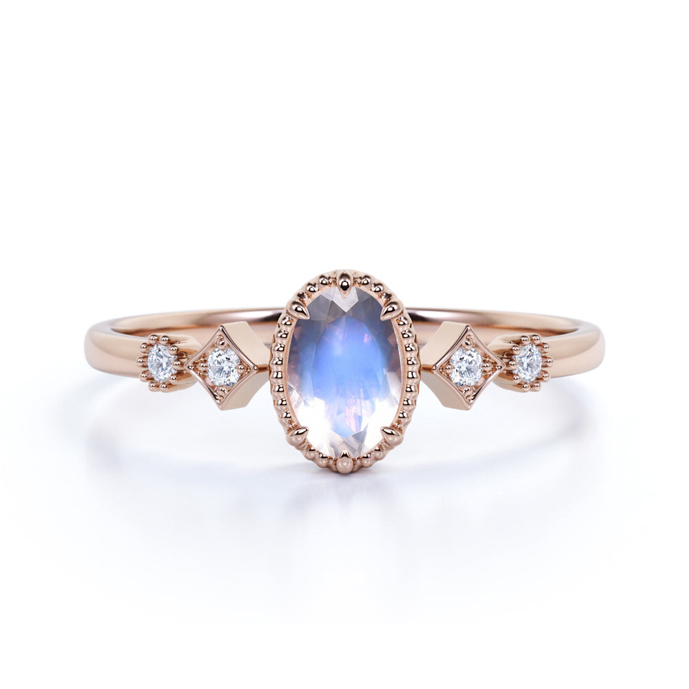Beautiful 1.10 Carat Oval Shape Rainbow Moonstone and 5 Stone Diamond Milgrain Engagement Ring in White Gold