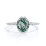 Classic Bezel Set 1.25 Carat Oval Cut Milky Finely Veined Moss Green Agate and Diamond Pave Engagement Ring in White Gold for Women