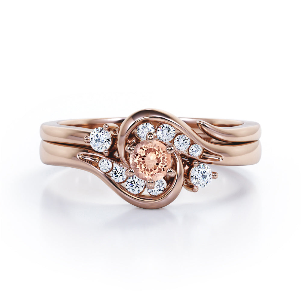 6 Prong Tension Design - 0.55 TCW Round Shaped Morganite and Moissanite - Flush Chanel Wedding Ring Set -  White Gold