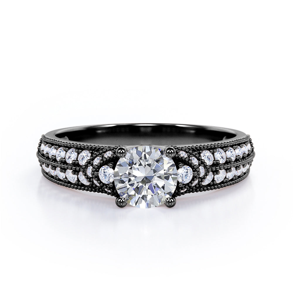 Antique 4 Prong 1.50 Carat Round Cut Moissanite And Diamond Vintage Milgrain Layered Engagement Ring In White Gold