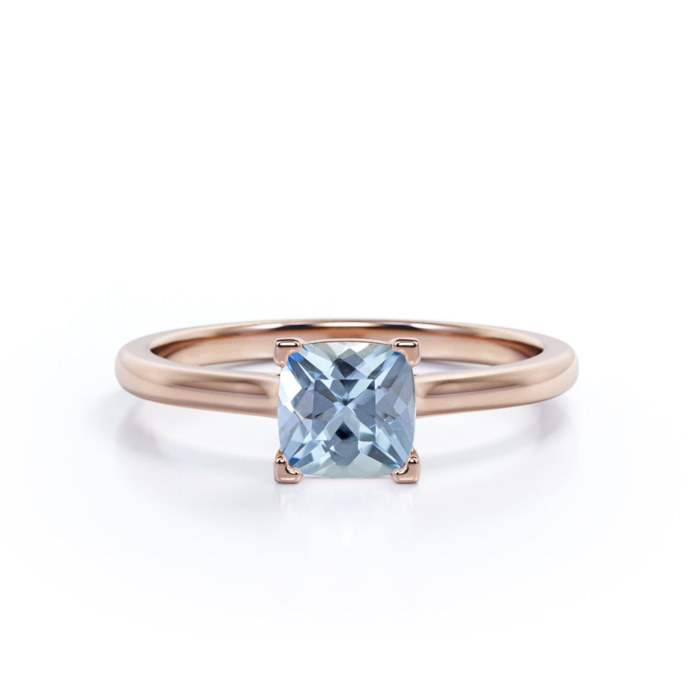 1 ct Cushion Aquamarine  Solitaire Engagement Ring