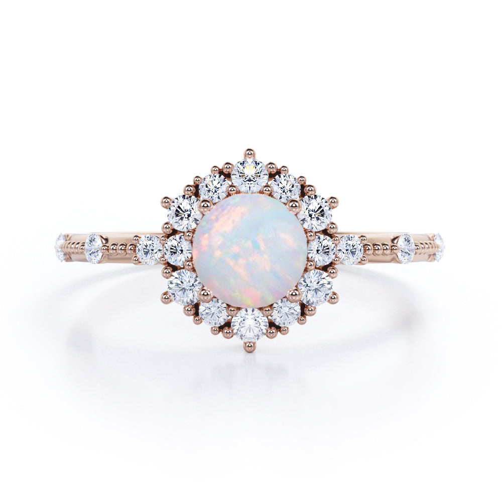 Clustered Halo 1.30 Carat Round Cut Translucent Opal And Diamond Antique Beaded  Engagement Ring In White Gold