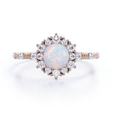 Clustered Halo 1.30 Carat Round Cut Translucent Opal And Diamond Antique Beaded  Engagement Ring In White Gold