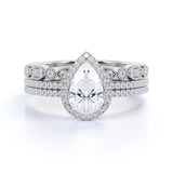 Pave 2 Carat Pear Cut Moissanite Halo Trio Set